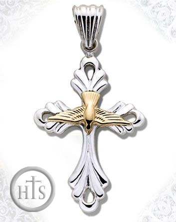 HolyTrinityStore Picture - Two Tone Sterling Silver Cross with 14kt Gold Dove, 1 1/2