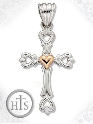 Product Image - Two Tone Sterling Silver Cross with 14kt Gold Heart Accent