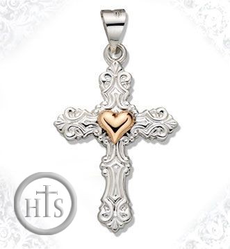Product Picture - Two Tone Sterling Silver Cross with 14kt Gold Heart Accent, 1