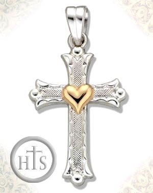 HolyTrinityStore Picture - Two Tone Sterling Silver Cross with 14kt Gold Heart Accent, 1