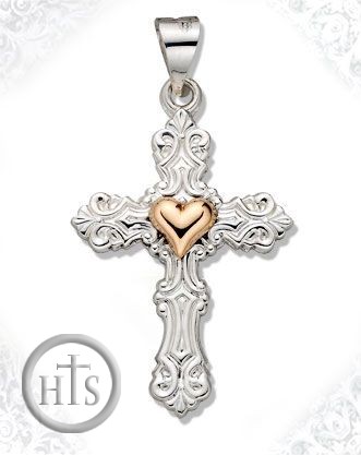 HolyTrinity Pic - Two Tone Sterling Silver Cross with 14kt Gold Heart Accent