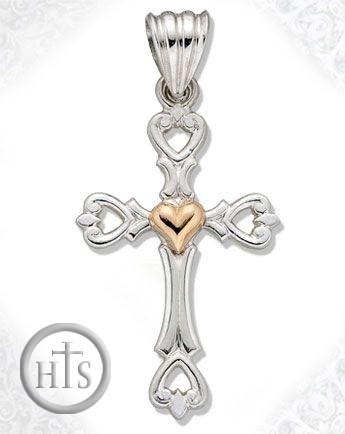Product Image - Two Tone Sterling Silver Cut Out Cross with 14kt Gold Heart Accent