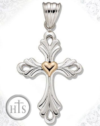 Picture - Two Tone Sterling Silver Cut Out Cross with 14kt Gold Heart Accent