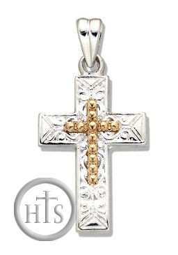 Picture - Two Tone Sterling Silver Cross  with 14kt Gold Accent Cross Centerpiece,  1