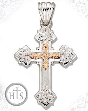 Image - Sterling Silver Cross with 14KT Yellow Gold Accent Cross Centerpiece, 1 1/2