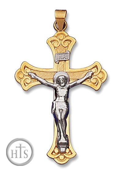 HolyTrinityStore Image - Crucifix Cross, Two Toned  14 KT Gold, 1 3/4