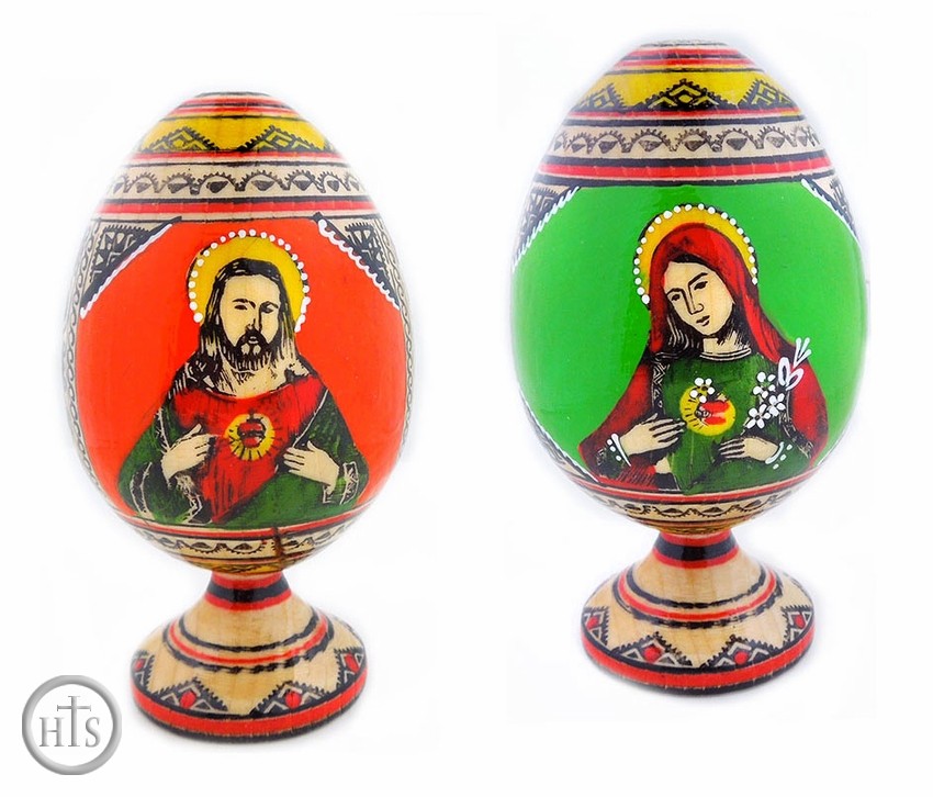 HolyTrinity Pic - Ukrainian 2 Sided Wooden Egg, Virgin Mary Sacred Heart  and Christ