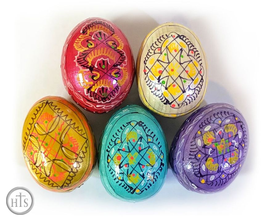Picture - Pearlized Set of 5 Ukrainian Pysanky Wooden Eggs
