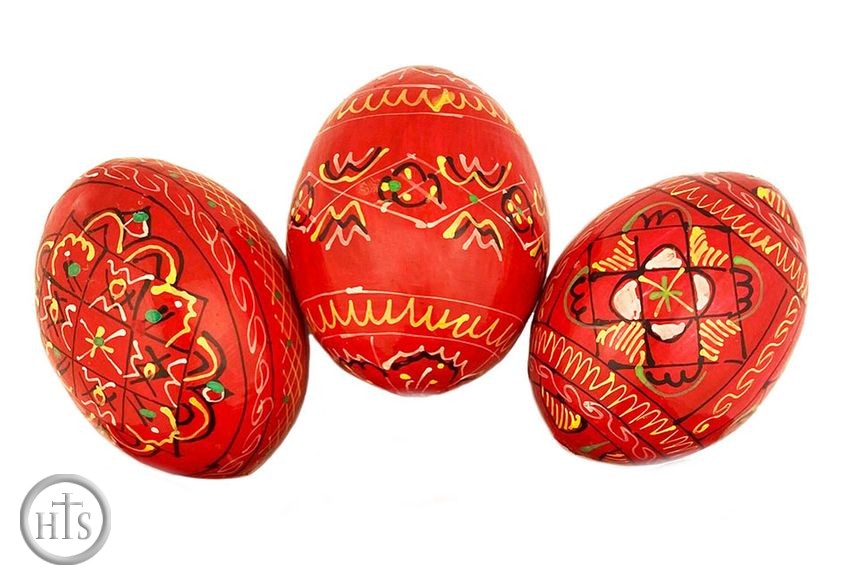 Product Photo - Red Color Ukrainian Pysanky Wooden Eggs, Set of 3 or 6 