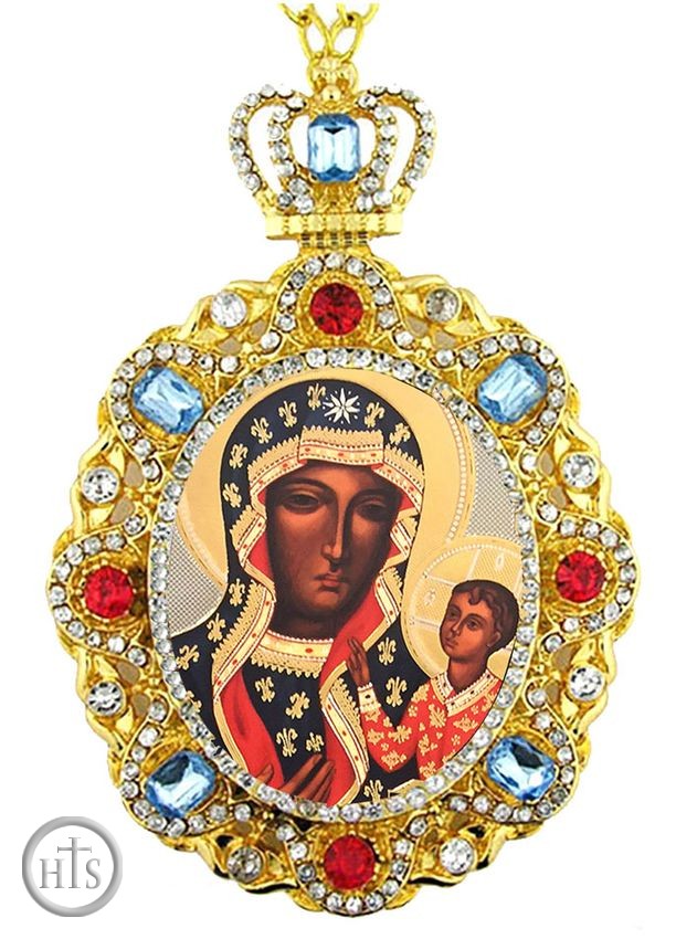 HolyTrinityStore Picture - Virgin Mary Czestochowa, Jeweled  Icon Pendant with Chain