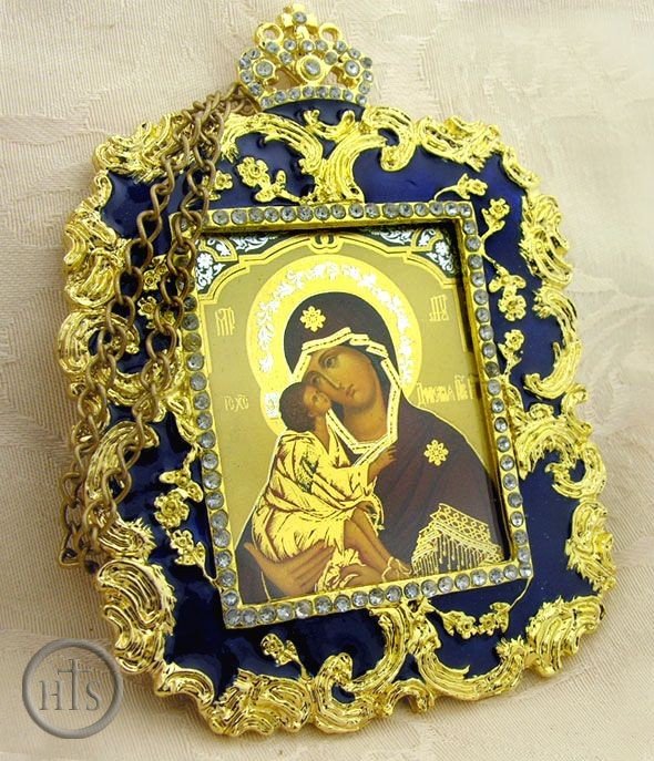 HolyTrinityStore Image - Virgin of  Donskaya, Square Shaped Ornament Icon Pendant, Blue