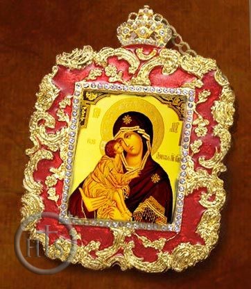 Pic - Virgin of  Donskaya, Square Shaped Ornament Icon Pendant, Red