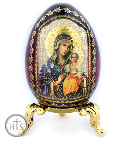 Photo - Virgin Mary Eternal Bloom Icon Egg on Gold Metal Stand