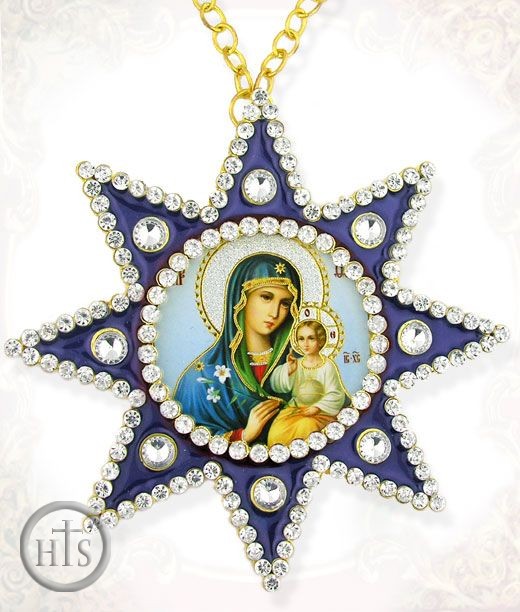 Product Photo - Virgin Mary of Eternal Bloom, Ornament Icon Pendant with Chain, Blue