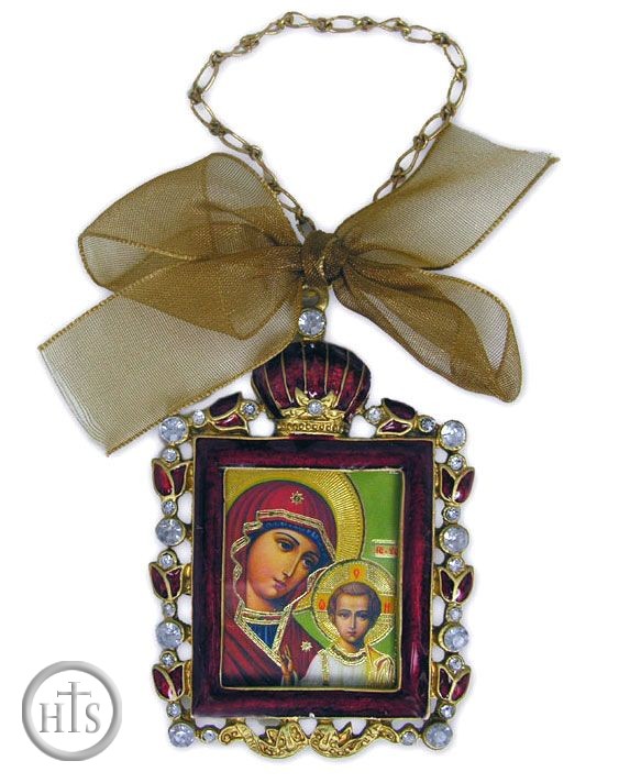 Product Picture - Virgin of Kazan, Enamel Framed Icon Pendant with Chain and Bow