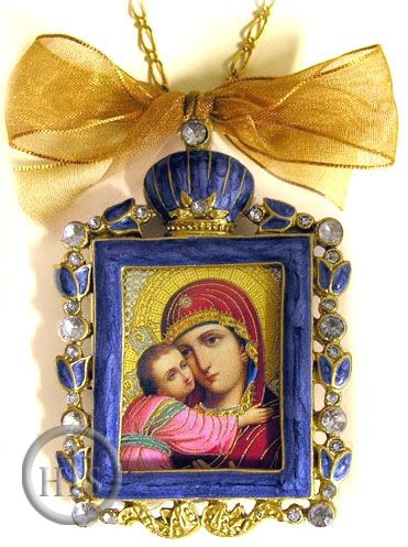 Product Picture - Virgin of Vladimir Icon Enamel Framed Pendant, Faberge Style