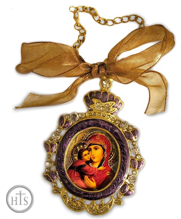 HolyTrinityStore Photo - Enamel Framed Virgin Mary  Icon Pendant With Chain & Bow