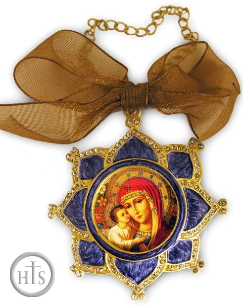 HolyTrinityStore Image - Enamel Framed Virgin  Mary Icon Pendant With Chain & Bow 