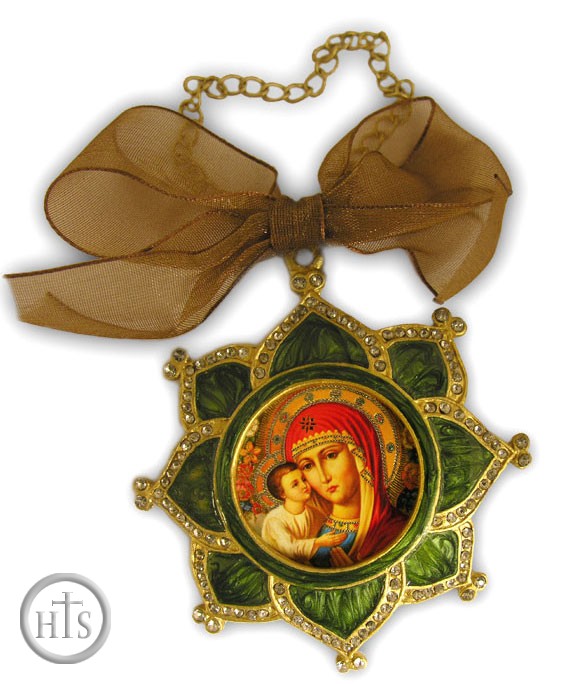 HolyTrinityStore Image - Enamel Framed Virgin  Mary Icon Pendant With Chain & Bow - IF-3GV-05