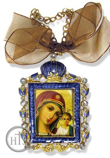 Product Picture - Virgin of Kazan Icon Enamel Framed Icon Pendant with Chain and Bow