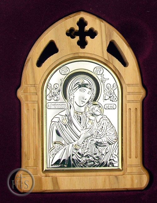 Product Image - Virgin Mary and Child  Icon in Silver Oklad, Olive Wood Frame with Stand 