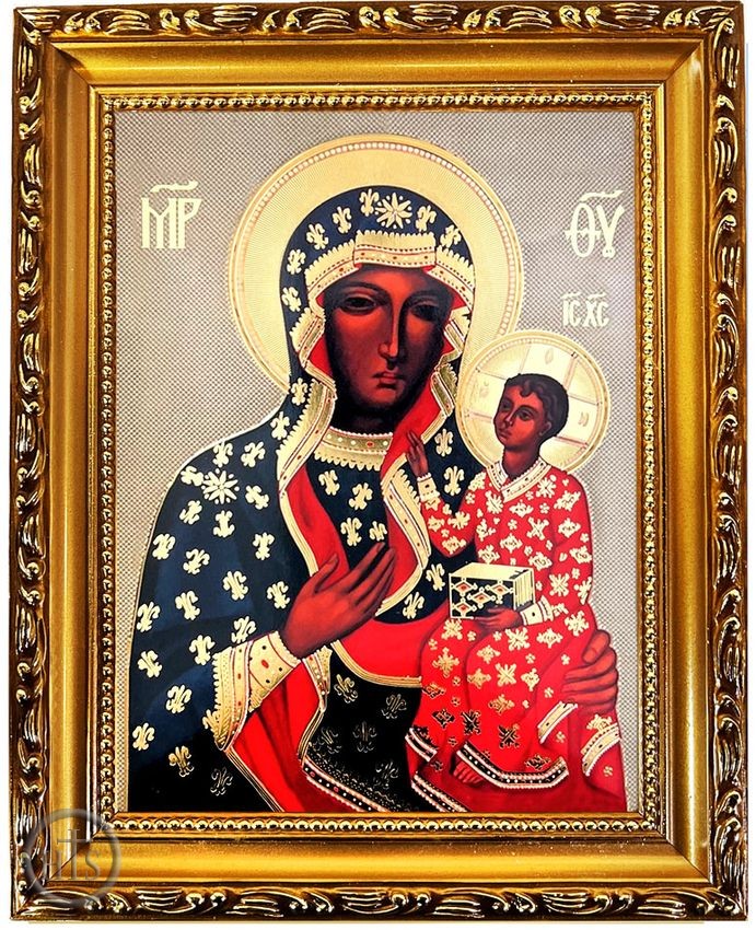 Pic - Virgin Mary Czestochova, Wooden Frame Gold Foil Icon with Stand