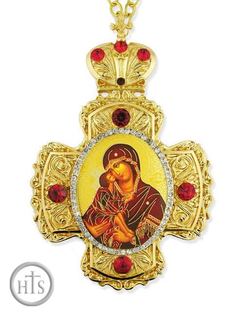 Product Pic - Virgin Mary Donskaya, Faberge Style Framed Cross-Shaped Icon Pendant