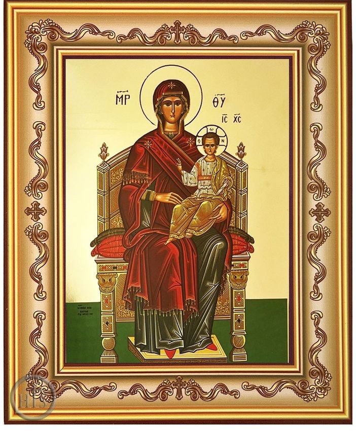 HolyTrinityStore Photo - Virgin Mary Enthroned, Wooden Frame Byzantine Icon with Stand