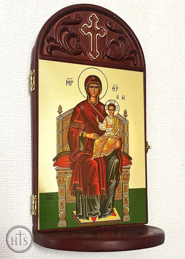 Picture - Virgin Mary Enthroned, Gold Foil Greek Icon Wooden Shrine With Shelf  