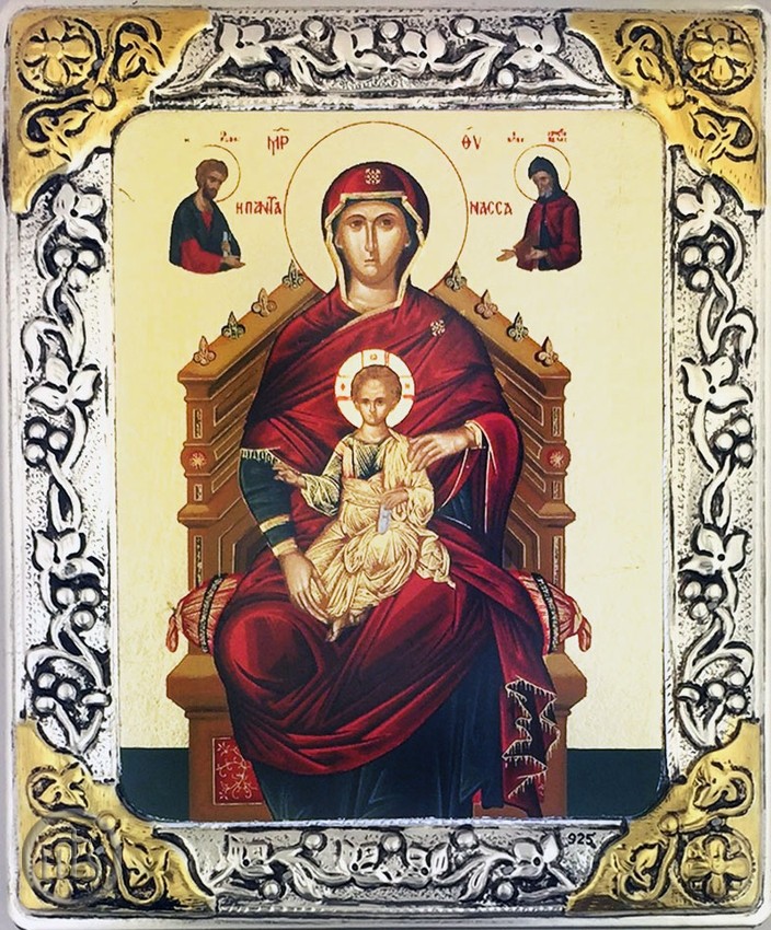HolyTrinityStore Picture - Virgin Mary Enthroned, Serigraph  Icon in Silver  Gold Plated Riza