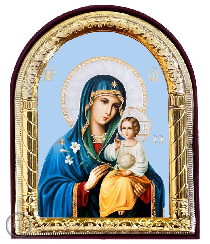 Picture - Virgin Mary Eternal Bloom, Arched Orthodox Icon with Stand