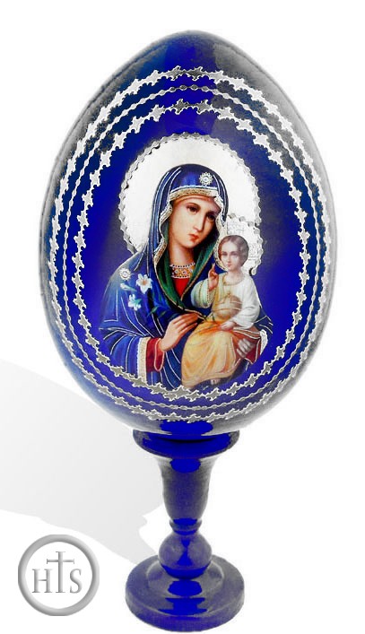 HolyTrinityStore Photo - Virgin Mary The Eternal Bloom, Wooden Icon Egg on Stand, Blue
