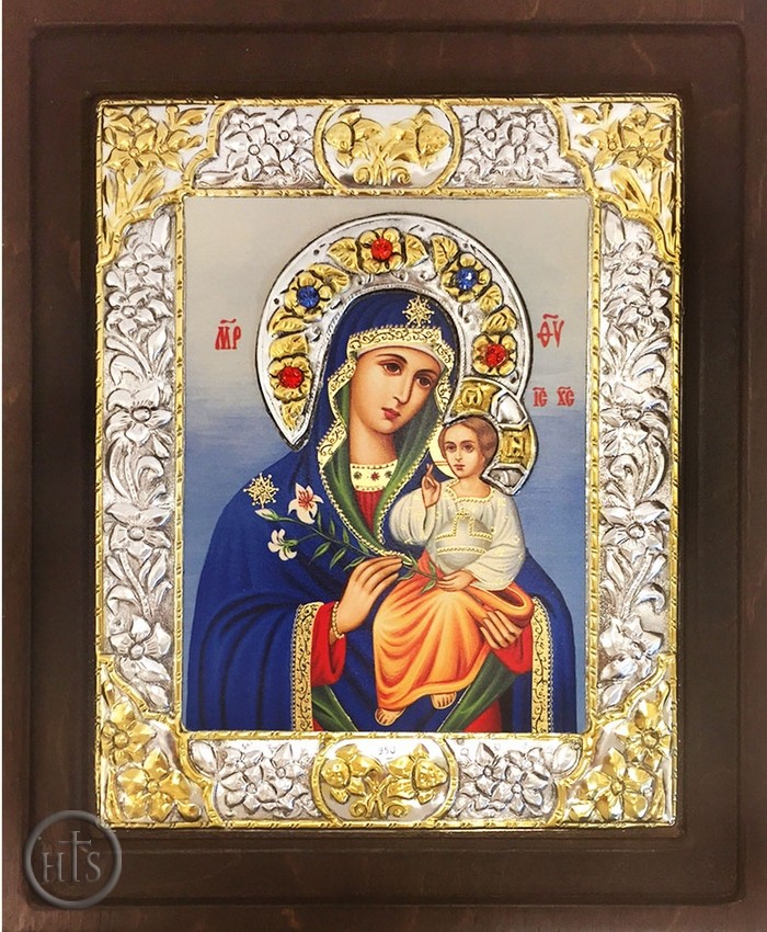 HolyTrinityStore Picture - Virgin Mary the Eternal Bloom, Serigraph Icon in Wood / Silver Frame