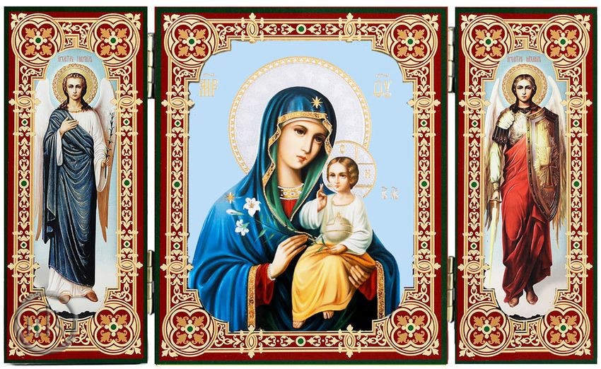 HolyTrinityStore Photo - Virgin Mary Eternal Bloom, Icon Triptych with Arch. Michael and Gabriel