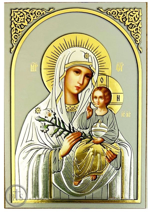 Photo - Virgin Mary Eternal Bloom, Silver Foil Orthodox Icon with Stand