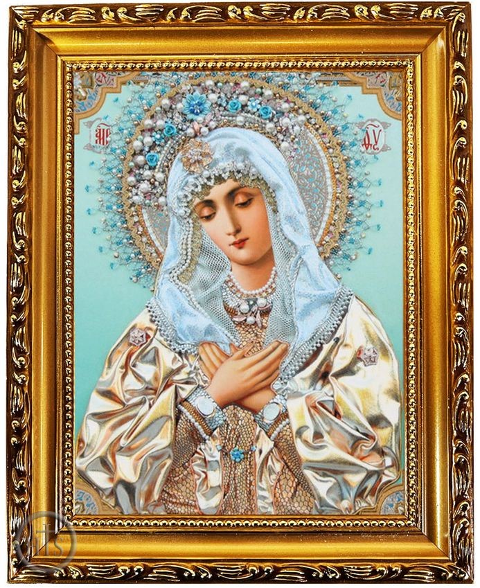 Image - Virgin Mary Extreme Humility, Wooden Frame Gold Foil Icon with Stand