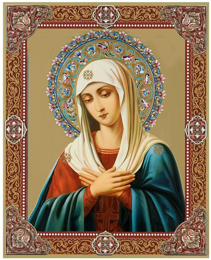 Product Picture - Virgin Mary Extreme Humility, Gold Foil Orthodox Icon with Stand