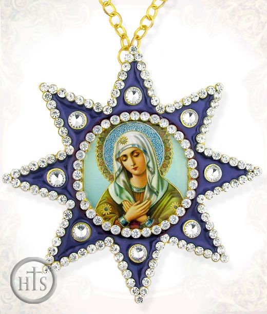 Product Image - Virgin Mary Extreme Humility, Ornament Icon Pendant with Chain, Blue