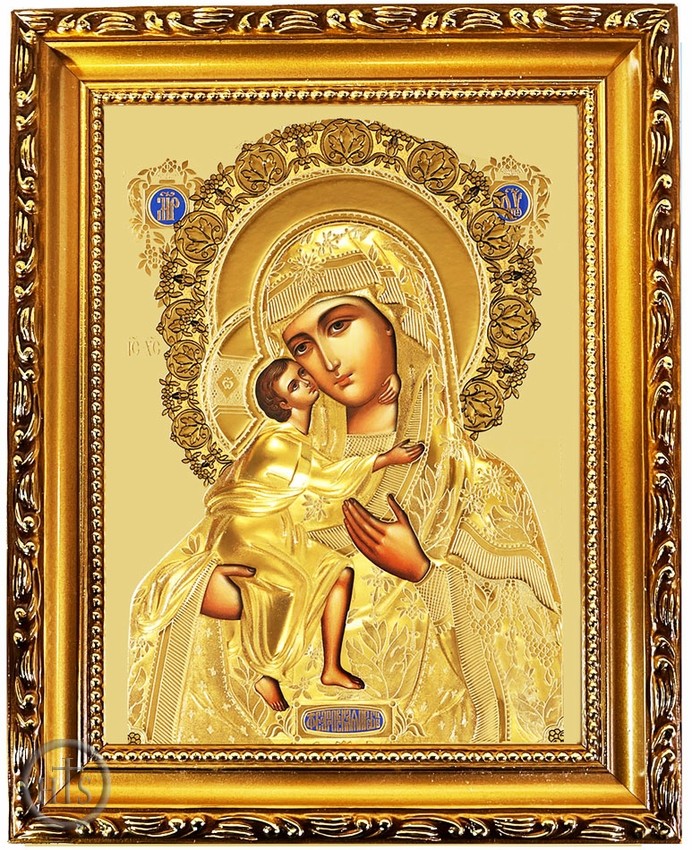 Picture - Virgin Mary Feodorovskaya, Wooden Frame Gold Foil Icon with Stand