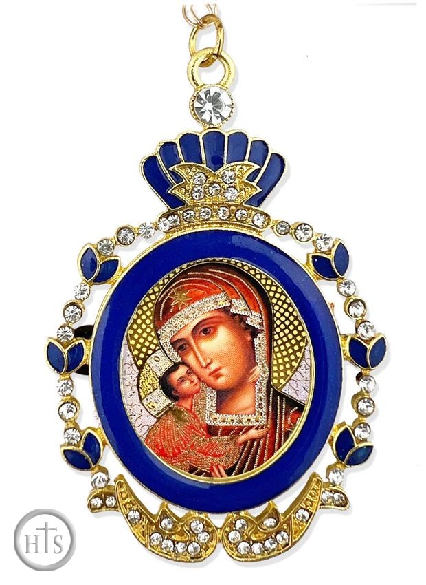 HolyTrinityStore Image - Virgin Mary Feodorovskaya, Enamel Framed Icon with Chain & Bow