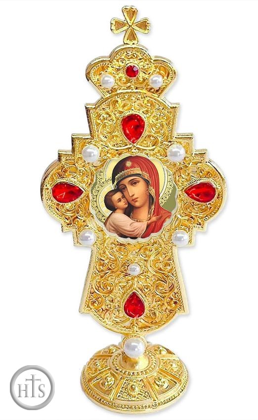 HolyTrinityStore Picture - Virgin Mary Feodorovskaya, Jeweled Standing Cross, 7 Inch