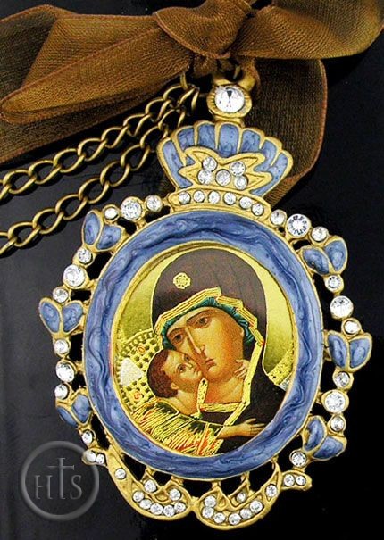 Product Photo - Virgin of Vladimir, Enamel Framed  Icon Pendant with Chain & Bow
