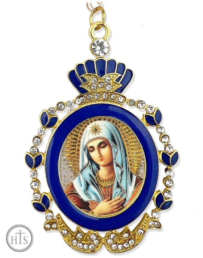 Product Image - Virgin Mary Extreme Humility, Blue Enamel Framed Icon w/ Chain & Bow 