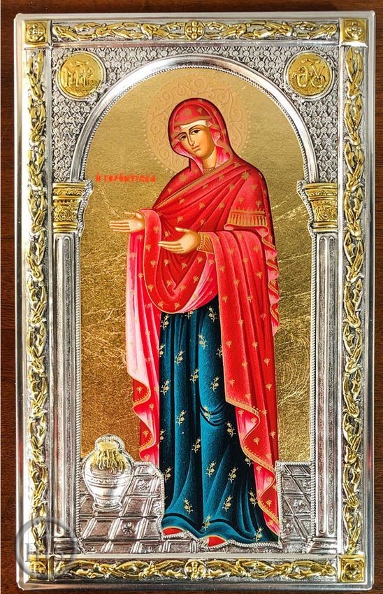 Image - Virgin Mary Panagia Gerontissa, Serigraph Icon in Silver / Gold Plated Oklad 