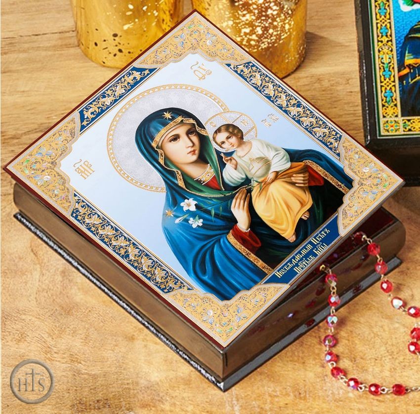 HolyTrinityStore Picture - Virgin Mary Eternal Boom, Wooded Icon Keepsake Rosary Box