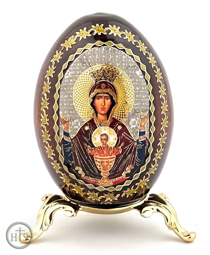 Picture - Virgin of the Inexhaustible Cup, Icon Egg on Gold Metal Stand