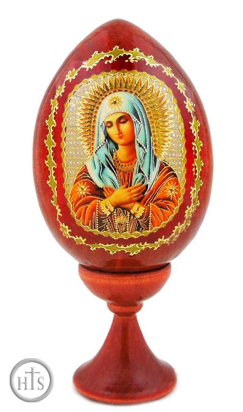 Product Pic - Virgin Mary of Extreme Humility, Decoupage Icon Egg with Stand
