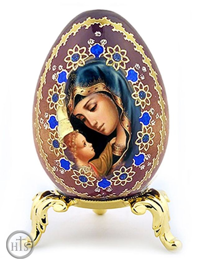 HolyTrinityStore Picture - Virgin Mary and Christ, Wooden Icon Egg with Stand 
