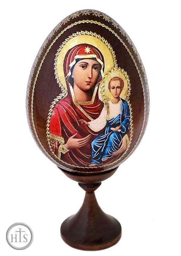 HolyTrinityStore Picture - Virgin Mary of Smolensk, Wooden Icon Egg with Stand