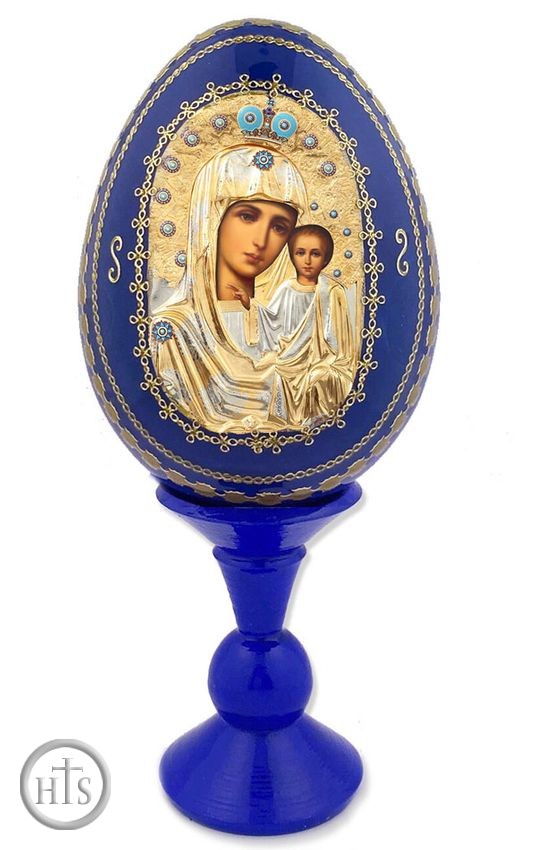 HolyTrinityStore Image - Virgin of Kazan, Decoupage Icon Egg with Stand, Cobalt Blue